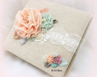 Baby Photo Album,Baby Shower,Aqua, Blush,Peach,Mint,Pastel Colors,Tea Party,Baptism,Linen Photo Album, Vintage Style, Gift for Baby, Elegant