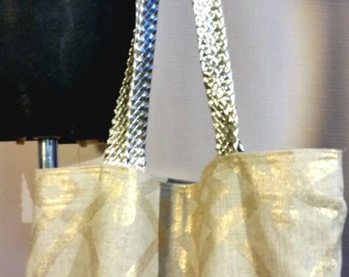 Tote Bag, Reversible Gold Printed Canvas Shopper Tote with Braided Gold Faux Leather Straps