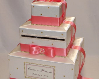 Ivory and Coral Reef Wedding Card Box-Gold Rhinestones