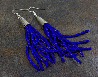 Tassel Earrings, Blue, Fringe Earrings, Beaded Tassel Earrings, Statement Earrings, Bohemian, Boho, Gift for Her, Seed Bead Earrings