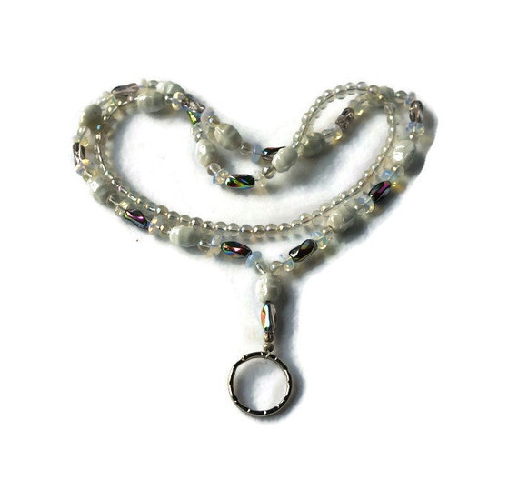 White ID badge lanyard necklace Glass Bead by SunMoonJewels