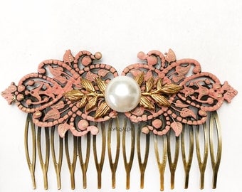 Coral Hair Comb Wedding Hair Slide Gold Leaf Pink Bridal Headpiece Pearl Hair Comb Bridesmaid Gift Romantic Salmon Pink Hair Comb