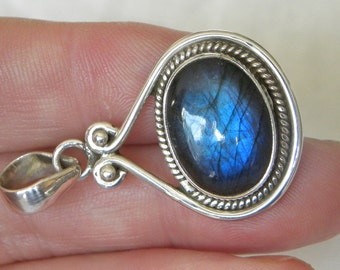 Labradorite Pendant Handmade Blue Flash Semiprecious Gemstone Pendant 1 1/2" Sterling Silver Setting Take 20% Off Blue Labradorite Jewelry