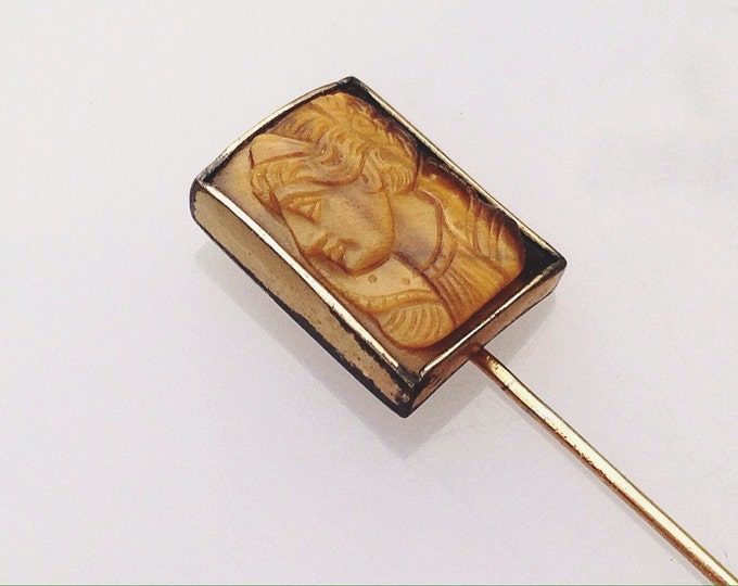 Antique Carved Roman Pin, Carved Tigereye Pin, Carved Stick Pin, Cameo Pin, Victorian Pin, Carved Stone. Cameo Hat Pin. Greek Pin