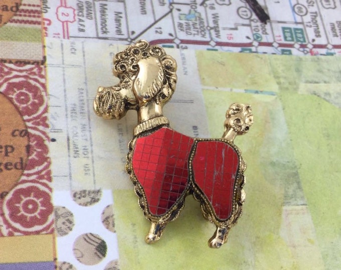 Vintage Poodle Brooch pin, Poodle in red brooch, cute figural pin. Dog brooch. Gold Poodle Brooch. Red Brooch.