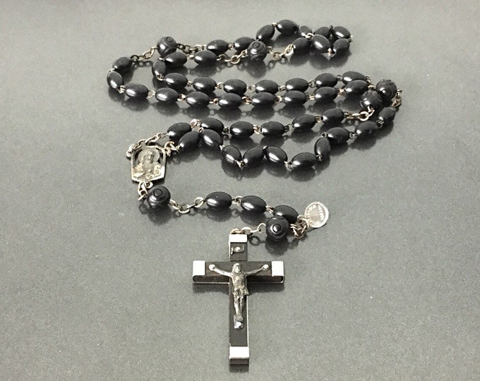 Antique Vintage French Gutta Percha Rosary, Jesus Art Deco Rosary Necklace. Religious Necklace Jewelry. Catholic. Prayer beads