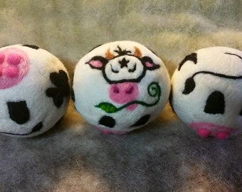3 Wool Dryer Balls, Milk Cows, Black & White, Set of 3, Eco Friendly, Natural, Farm Animals