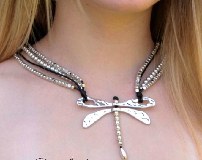 Dragonfly necklace, dragonfly jewelry,dragonfly choker,leather necklace,silver dragonfly necklace,designer necklace,statement necklace,gift