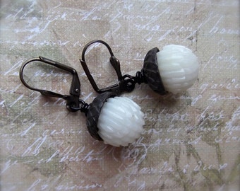 Snowball in Acorn Cap, Matte Black Acorn Cap, White and Black Drop, Vintage Button Drop, Rusty Black Cap, Acorn Drop, Fall, Winter, Autumn
