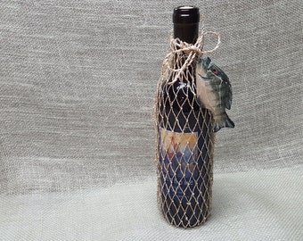 Fish Net Wine or Gift Bag - Embellished with a Wood Fish Ornament