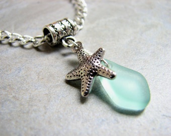Starfish Anklet Sea Glass Anklet, Silver Chain with Seafoam Beach Glass Slider Charm Seaglass Jewelry, Wedding Jewelry
