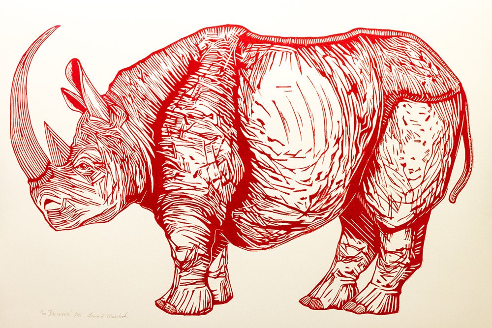 Rhino-woodcut print