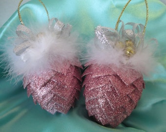 handcrafted Victorian Christmas Ornament Pretty in pink ribbon pinecone with feathers ornament
