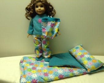18" Doll Sleeping bag, pajamas, slippers and backpack set in multicolor daisies. American girl doll sleep set and matching accessories