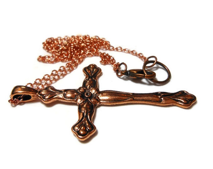 FREE SHIPPING Copper cross pendant, antiqued cross with flower design, copper chain and findings, religious gift, simple elegance