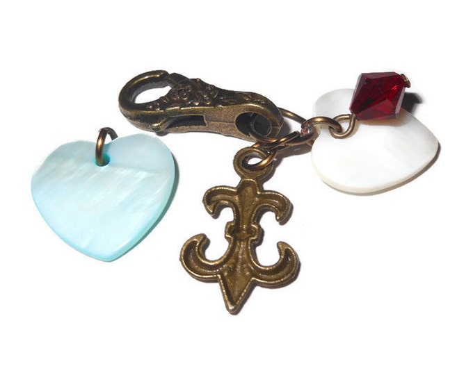 Fleur-de-lis keychain, zipper pull, purse charm, antiqued bronze with lobster clasp, Swarovski crystal and mother of pearl heart (MOP)