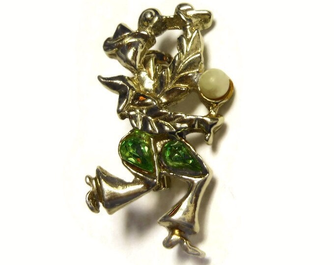 FREE SHIPPING Flamenco dancer brooch pin with maracas and faux pearl and green rhinestones in a light gold tone setting