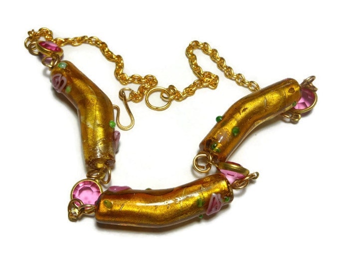 FREE SHIPPING Handmade lampwork necklace, amber yellow pink flower rose glass, silver foil, faceted crystal connectors, gold plated chain