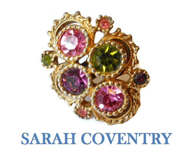 FREE SHIPPING Sarah Coventry rhinestone ring Austrian Lites 1973 adjustable cocktail ring.