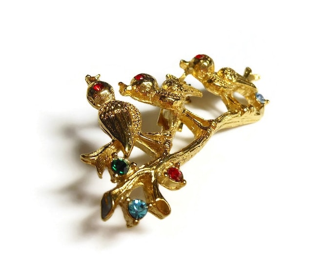 FREE SHIPPING Gerry's birds brooch, gold pin birds on a log, red rhinestone eyes, red green blue rhinestone flowers, figural floral brooch