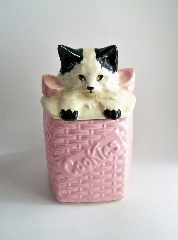 Vintage McCoy Cookie Jar Pink Kitten in Basket Kitchen Storage