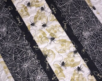 Halloween Table Runner Quilt, Spiders, Spider Web, Ghosts, Skulls Table Topper Quilt, Black, Silver, White, Quiltsy Handmade
