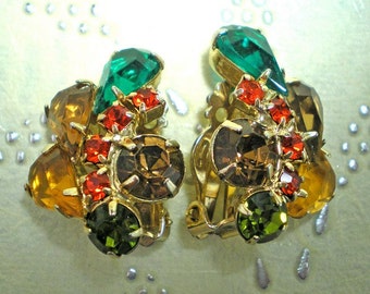 D&E aka Juliana Vintage Green,Topaz, Orange Clip Earrings Item 15529