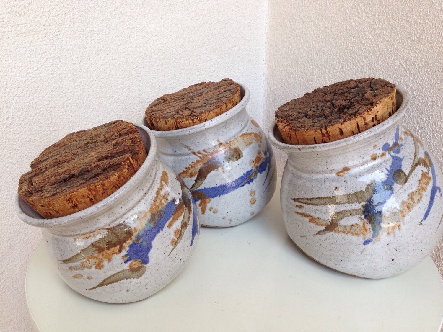 Vintage Unique Canister set 3 round pottery stoneware raw cork