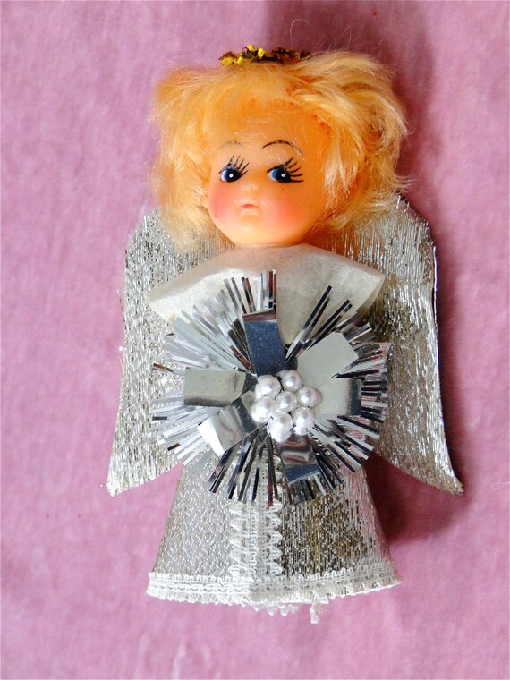 Vintage Christmas Angel Doll Silver Tinsel Tree Ornament Mid