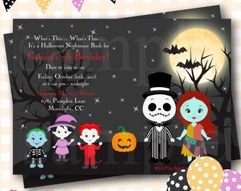 Nightmare Before Christmas Birthday Invitation, Jack Skellington Invitation, Halloween Birthday Invitations Jack and Sally Invitations - H45