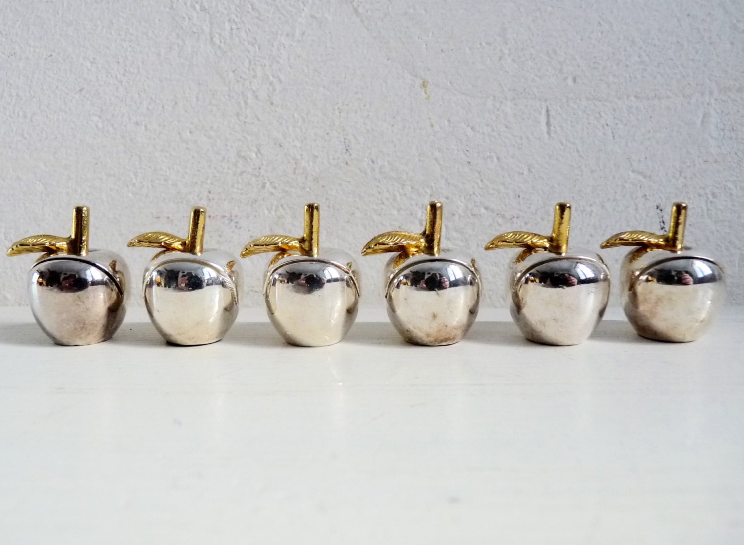Vintage Set of 6 GUEST CARD HOLDERS, Silver Plated, Small, Apple Shaped