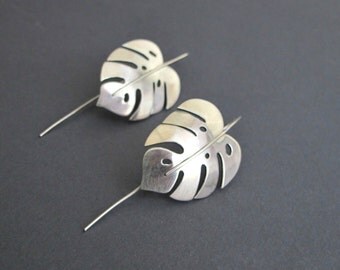 Silver Tropical Earrings - Monstera Leaf Earrings - Leaf Earrings -Sterling Silver Earrings - Tropical Palm Leaves - Sterling Silver Jewelry
