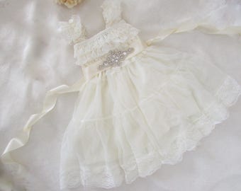Lace Flower Girl Dress & Applique Rhinestones SASH Christening Wedding Baptism Bridesmaid Country Ruffle Dress Rustic Chiffon Flower Girl