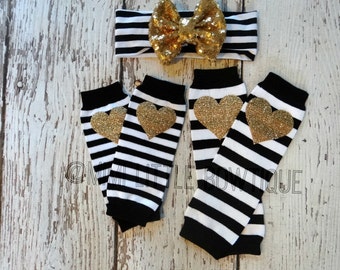 NEWBORN- 1 pair of Newborn leg warmers with headband- Newborn Gold heart baby leg warmer- Black and white leg warmers baby leg warmers