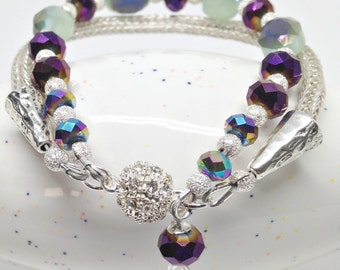 Purple and green ori crystal and silver viking knit ladies bracelet