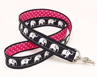 Cute Keychain Lanyard , Kid's ID Neck Strap, Swivel Clip Key Holder, Teacher Lanyard ID Badge - white elephants in dark blue with pink dots