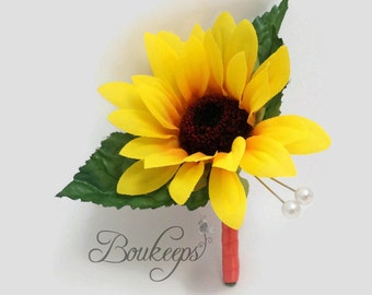 CHOOSE RIBBON COLOR - Sunflower Boutonniere, Sunflower Wedding, Yellow Boutonniere, Silk Sunflower, Autumn Wedding, Groom, Groomsmen