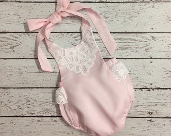 Pink Linen Baby Romper with Lace Trimming
