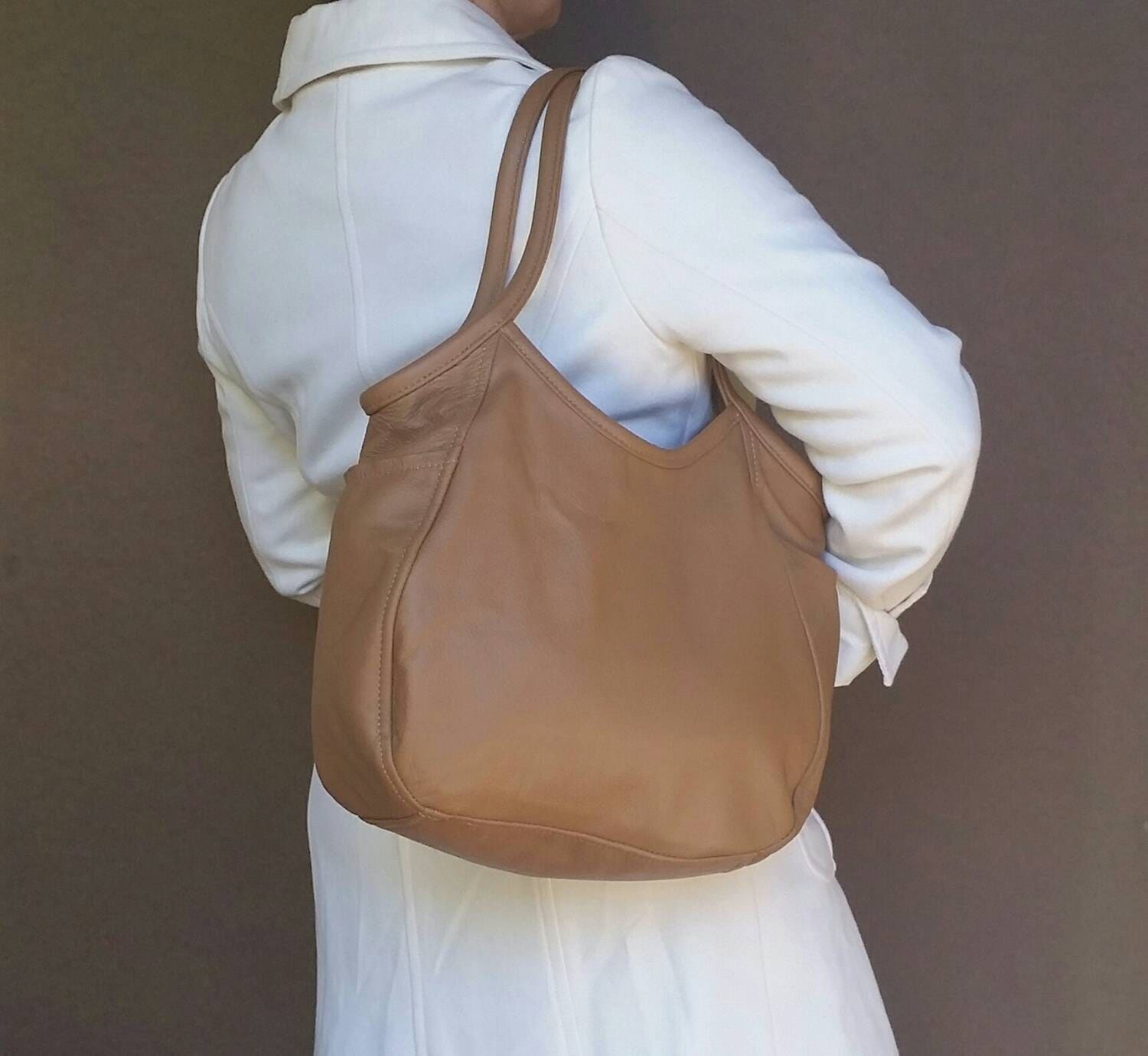 Camel leather tote bag everyday purse for her by Fgalaze on Etsy