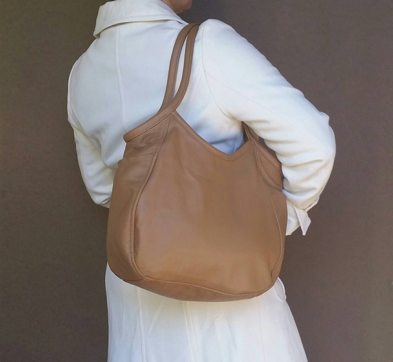 camel color leather tote bag