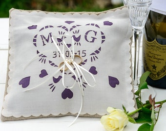 Personalised Wedding Ring pillow, cushion, date and initials, with a colour panel