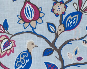 Blue Pink Linen Drapery Upholstery Fabric - Blue Bird Curtain Fabric - Fuchsia Pink Pillow Covers - Fabric with Birds - Blue Linen Bedding
