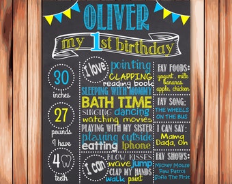 First Birthday Chalkboard Sign - Printable 1st Birthday Chalkboard Poster - Blue Birthday Board - Boy - Personalized Custom Sign - 067