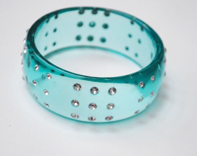 Aqua Lucite Bracelet -clear Rhinestone - blue green translucent vintage plastic Bangle