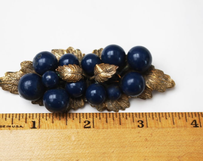 Leaf Berry Brooch - flower - Gold Brass leaves - Blue Berries Grapes Pin - Victorian Bar Brooch