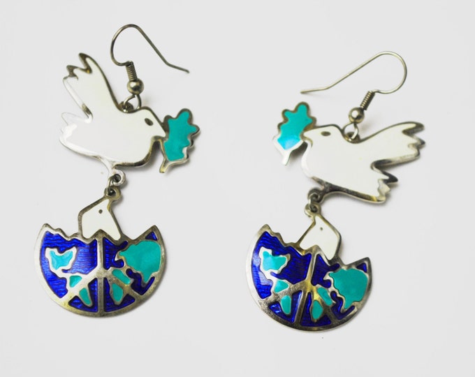 Berebi Signed - Silver dangle earrings -Enamel Dove - Peace on Earth Globe - White Dove