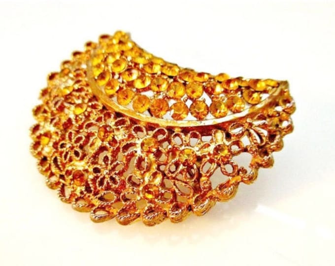 Gold and Amber Rhinestone Crescent brooch