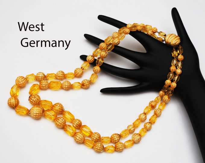 Double strand Bead Necklace - Amber Brown cream Lucite - West Germany - beads