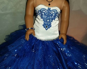 Saphhire Blue Ball Gown for your American Girl Doll with jewlery
