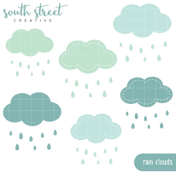 Rain, Clouds, Rain Drops, Stitched, Cute Clipart, Personal & Small Commercial Use, Vector Clip Art, Instant Download, png, jpeg, eps Il_570xn